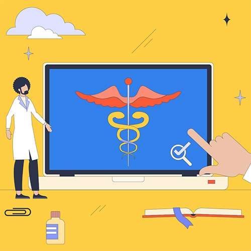 online medical education computer illustration with a doctor standing by